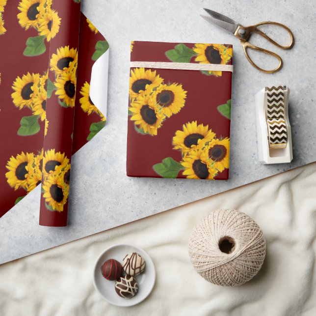 Sonnenblume Bouquet Muster Burgundy Geschenk Rolle Geschenkpapier (Handwerk)