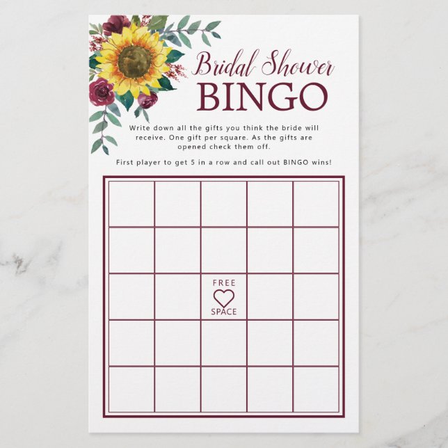 Sonnenblume Burgund Blumen Brautparty Bingo Spiel (Vorderseite)