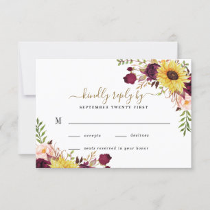 Sonnenblume Burgund Gold Blush Peony Rose Hochzeit RSVP Karte
