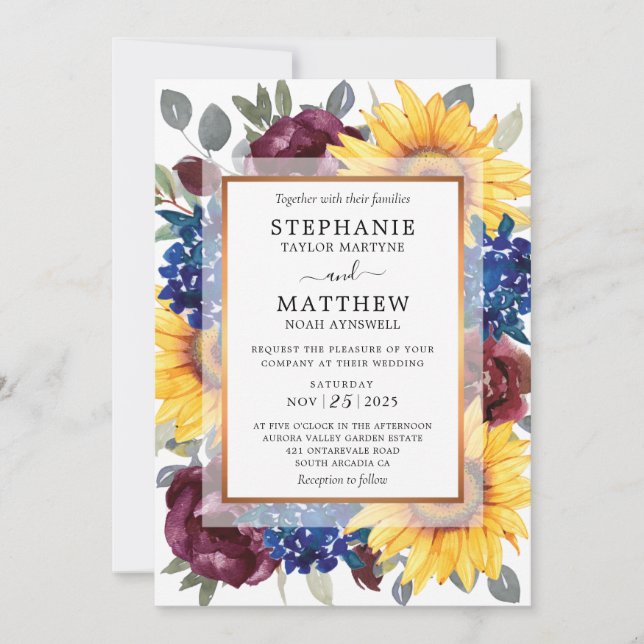 Sonnenblume Burgund Navy Blumenstrauß Hochzeit im  Einladung (Vorderseite)