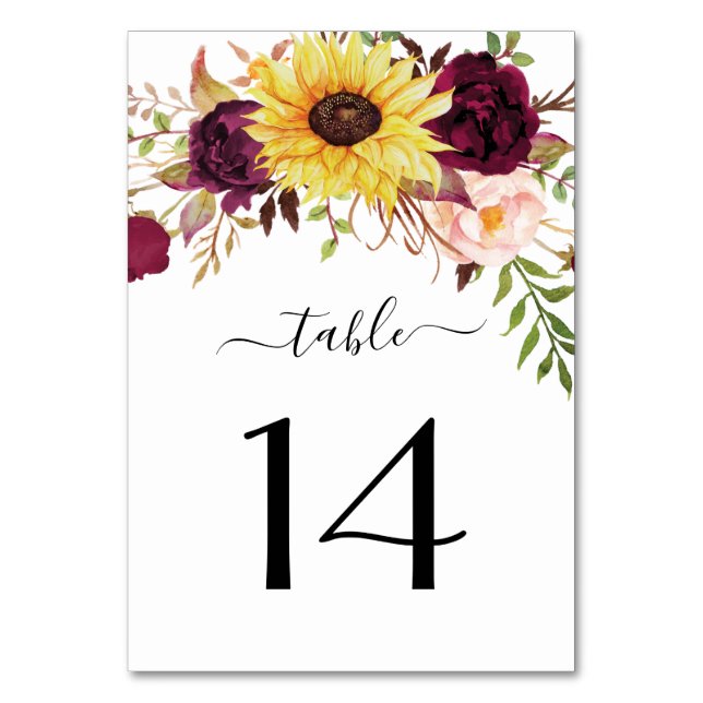 Sonnenblume Burgund Red Blush Peony Rose Hochzeit Tischnummer (Vorderseite)
