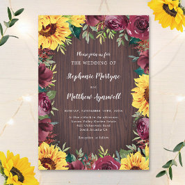 Sonnenblume Burgund Rose Border Wood Wedding Einladung