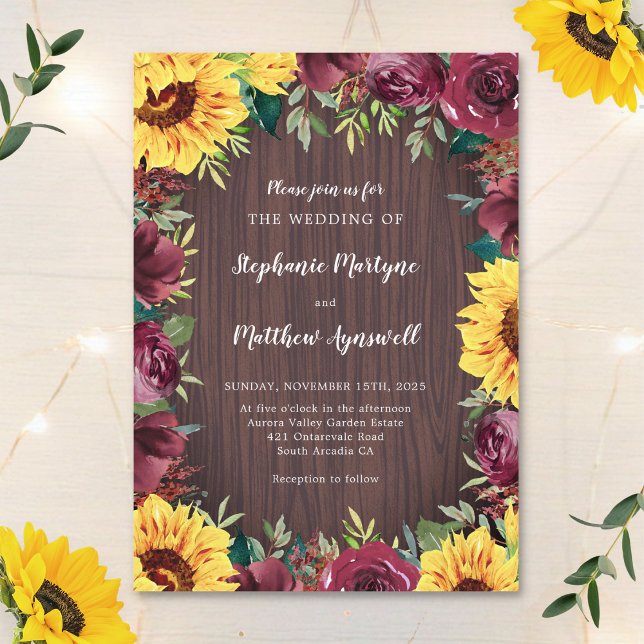 Sonnenblume Burgund Rose Border Wood Wedding Einladung (Von Creator hochgeladen)
