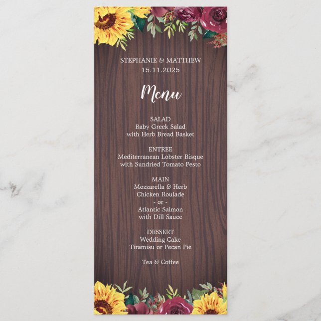 Sonnenblume Burgund Rose Border Wood Wedding Menükarte (Vorderseite)