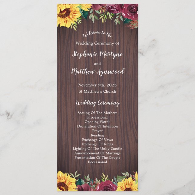Sonnenblume Burgund Rose Border Wood Wedding Programm (Vorderseite)