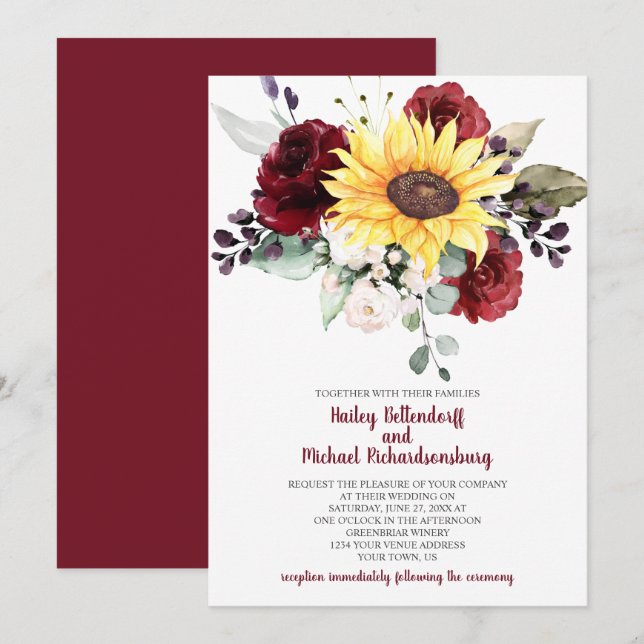 Sonnenblume Burgund Rose Grüne Hochzeit Einladung (Vorne/Hinten)