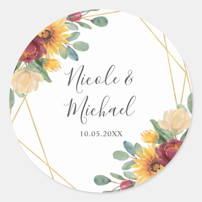 Sonnenblume Burgundy Floral Gold Geometric Wedding Runder Aufkleber (Vorderseite)