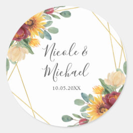 Sonnenblume Burgundy Floral Gold Geometric Wedding Runder Aufkleber
