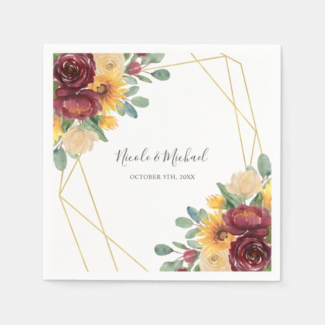 Sonnenblume Burgundy Floral Gold Geometric Wedding Serviette (Vorderseite)
