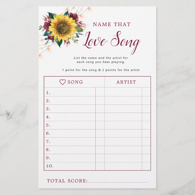 Sonnenblume Burgundy Lights Brautparty Song Game (Vorderseite)