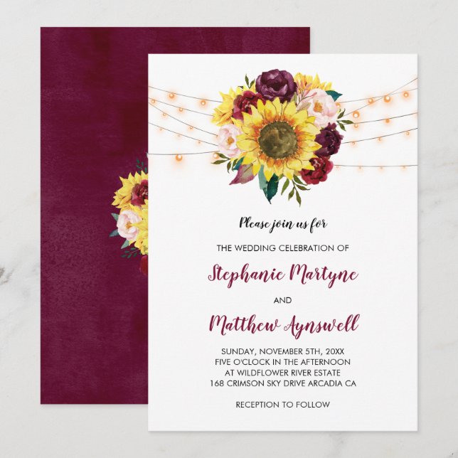 Sonnenblume Burgundy Marsala Blumenlampen Hochzeit Einladung (Vorne/Hinten)