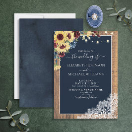 Sonnenblume Burgundy Navy Blue Wood Lace Hochzeit Einladung