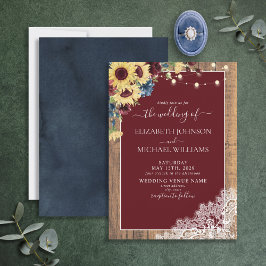 Sonnenblume Burgundy Navy Blue Wood Lace Wedding I Einladung