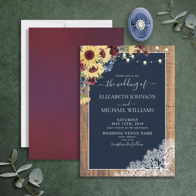 Sonnenblume Burgundy Navy Blue Wood Lace Wedding I Einladung (Von Creator hochgeladen)