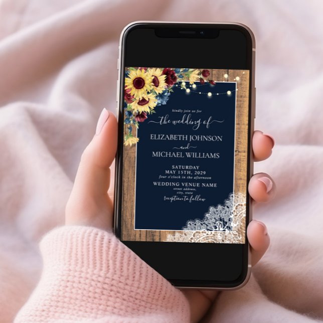 Sonnenblume Burgundy Navy Blue Wood Lace Wedding I Einladung (Von Creator hochgeladen)
