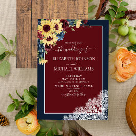 Sonnenblume Burgundy Navy Blue Wood Script Hochzei Einladung