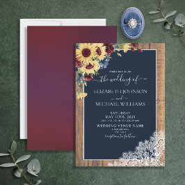 Sonnenblume Burgundy Navy Blue Wood Script Hochzei Einladung