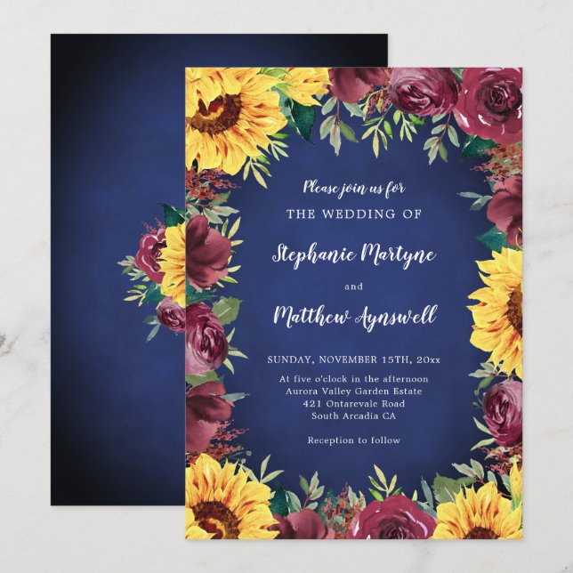 Sonnenblume Burgundy Rose Border Navy Hochzeit Einladung (Vorne/Hinten)