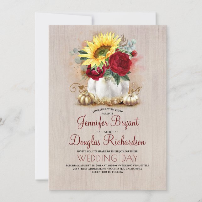 Sonnenblume Burgundy Rose Gold Pumpkin Hochzeit im Einladung (Vorderseite)