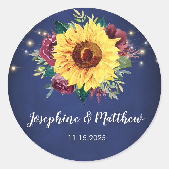 Sonnenblume Burgundy Rose Lights Navy Blue Wedding Runder Aufkleber (Vorderseite)
