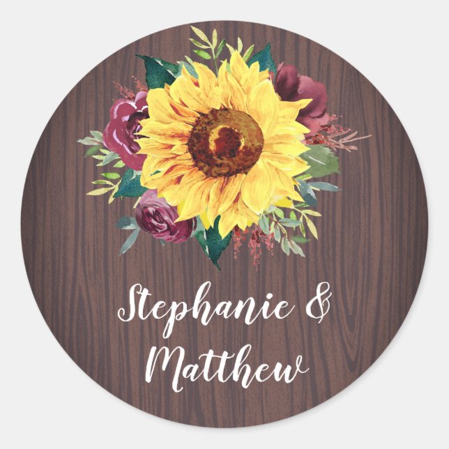Sonnenblume Burgundy Rose Wood Wedding Runder Aufkleber (Vorderseite)