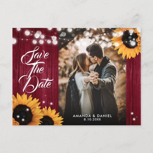 Sonnenblume Burgundy Wedding Foto Save the Date Ankündigungspostkarte (Vorderseite)