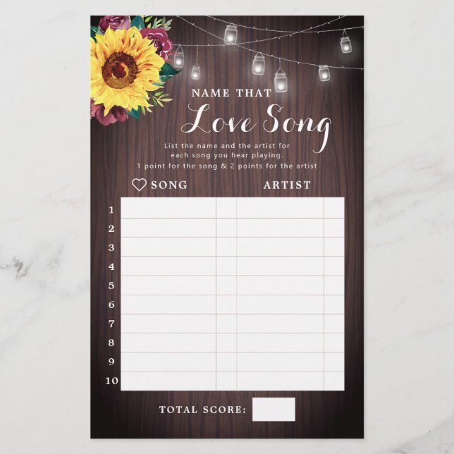 Sonnenblume Burgundy Wood Brautparty Song Game (Vorderseite)