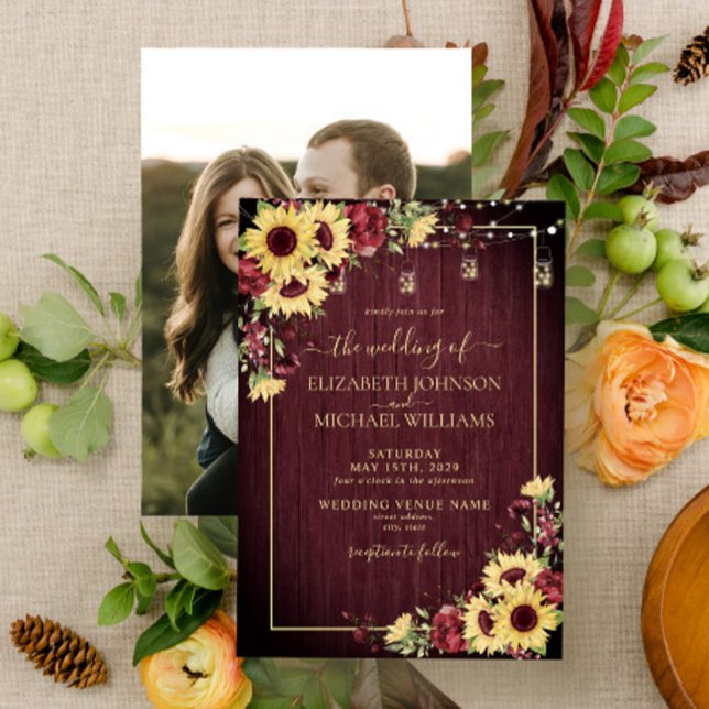 Sonnenblume Burgundy Wood Floral Foto Hochzeit Einladung (Von Creator hochgeladen)