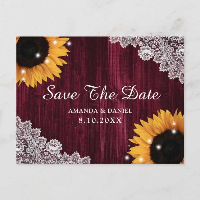 Sonnenblume Burgundy Wood Lace Rustikal Save the D Postkarte (Vorderseite)