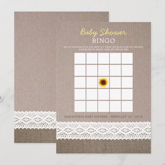 Sonnenblume Burlap & Crochet Lace Baby Dusche Bing Einladung (Vorne/Hinten)