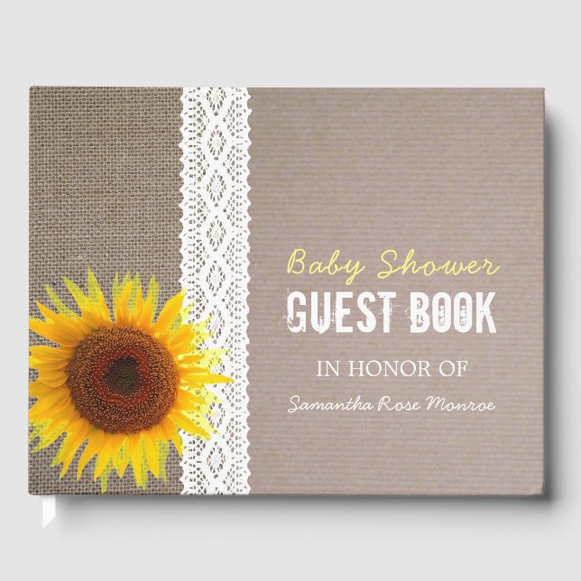 Sonnenblume Burlap & Crochet Lace Baby Dusche Gästebuch (Vorderseite)