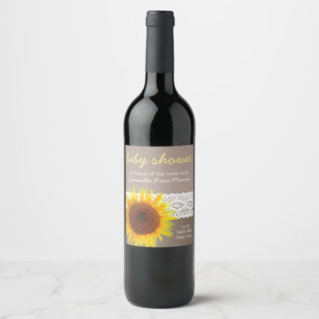 Sonnenblume Burlap & Crochet Lace Baby Dusche Weinetikett (Vorderseite)