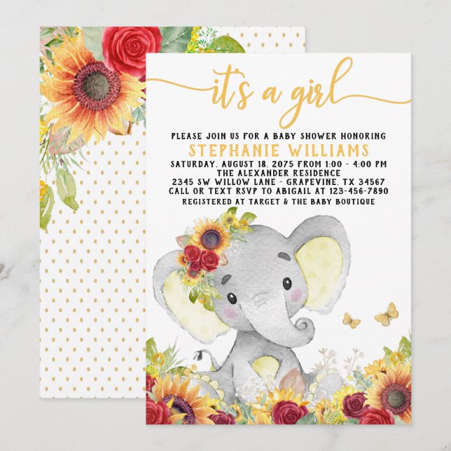 Sonnenblume Butterfly Elephant Babydusche Einladung (Vorne/Hinten)