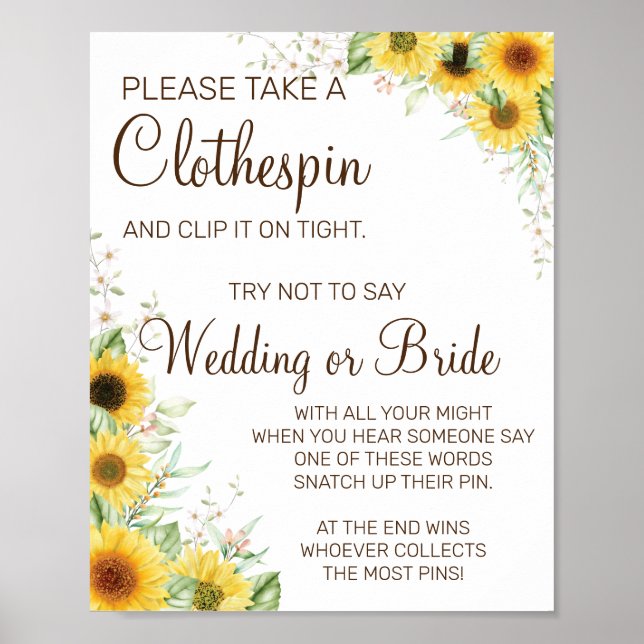 Sonnenblume Clothespin Brautparty-Spielzeichen Poster (Vorne)