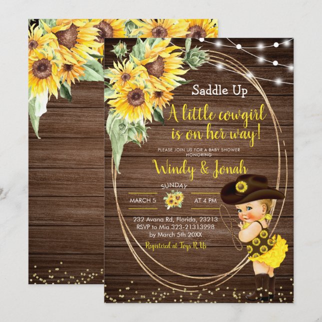Sonnenblume Cowgirl rustic Baby Dusche Einladung (Vorne/Hinten)