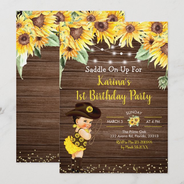 Sonnenblume Cowgirl rustic Baby Dusche Einladung (Vorne/Hinten)