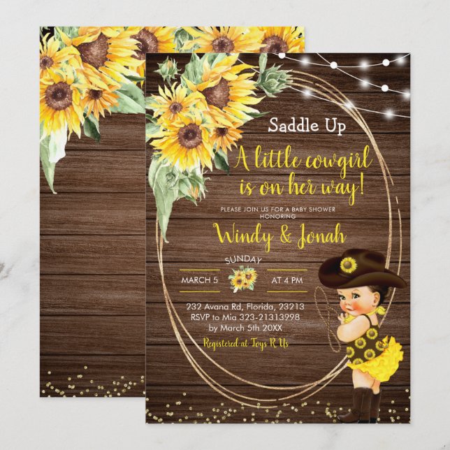 Sonnenblume Cowgirl rustic Blonde Girl Baby Dusche Einladung (Vorne/Hinten)