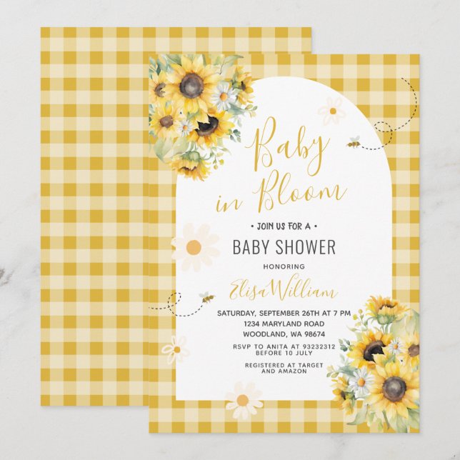 Sonnenblume Daisy Bee Baby in Bloom Einladung (Vorne/Hinten)