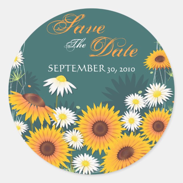 Sonnenblume Daisy Save the Date Hochzeitsankündigu Runder Aufkleber (Vorderseite)