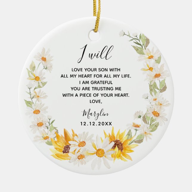 Sonnenblume & Daisy Wreath Mother of the Groom Keramik Ornament (Vorne)