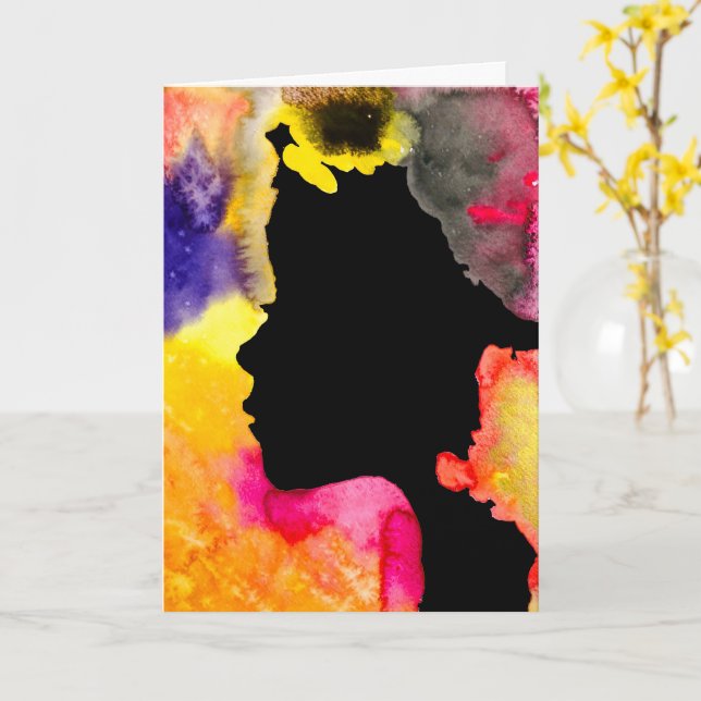 Sonnenblume Dame Silhouette Aquarellkunst Karte (Gelbe Blume)