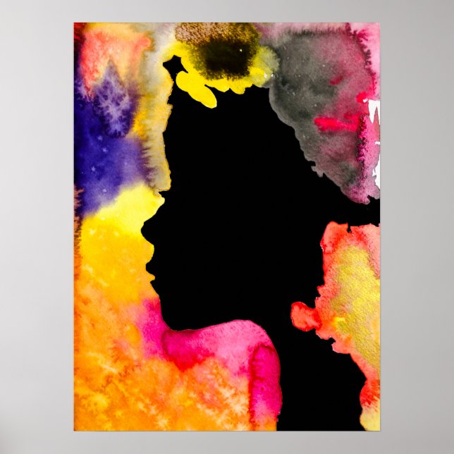 Sonnenblume Dame Silhouette Aquarellkunst Poster (Vorne)