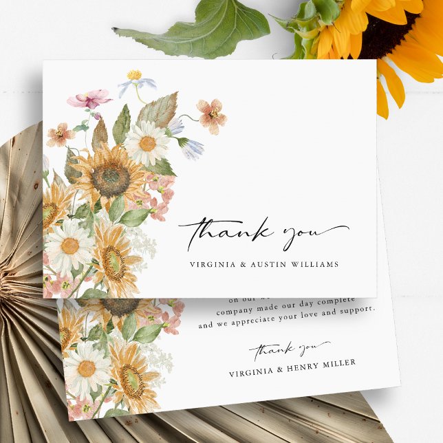 Sonnenblume Danke-Karte Dankeskarte (Boho Watercolor Sunflower Wildflowers Floral Wedding  Thank You Card by Painted Paperie
)