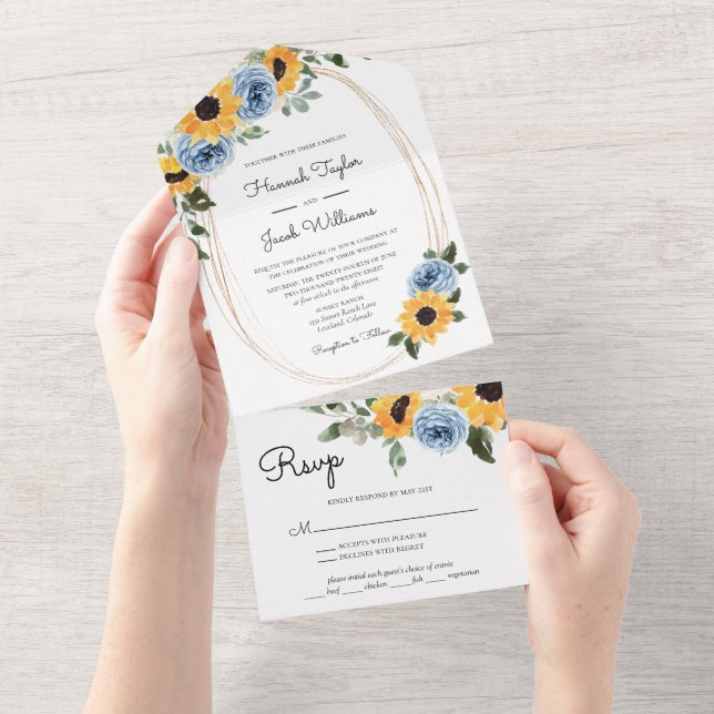 Sonnenblume Dusty Blau Rustikale Rose Hochzeit All In One Einladung (Abreißen)