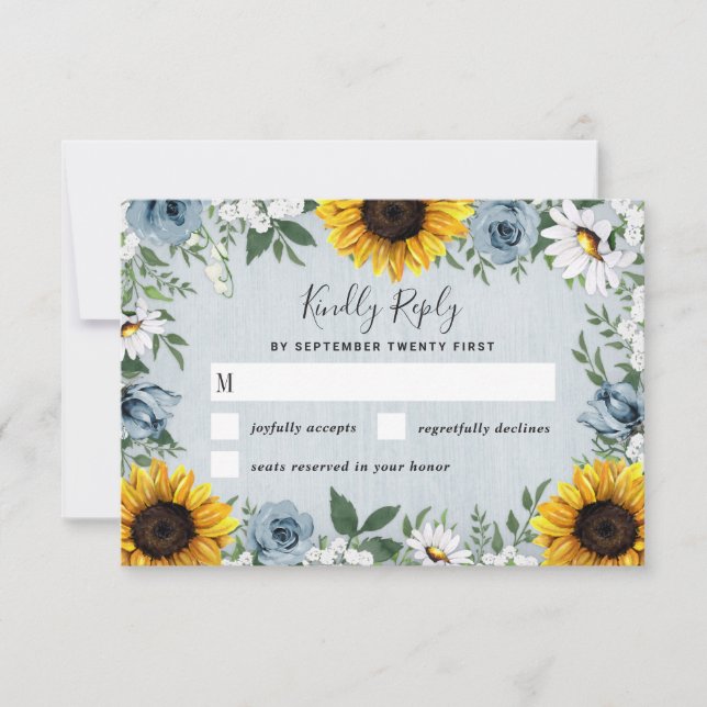 Sonnenblume Dusty Blue Country Rustikale Rose Hoch RSVP Karte (Vorderseite)