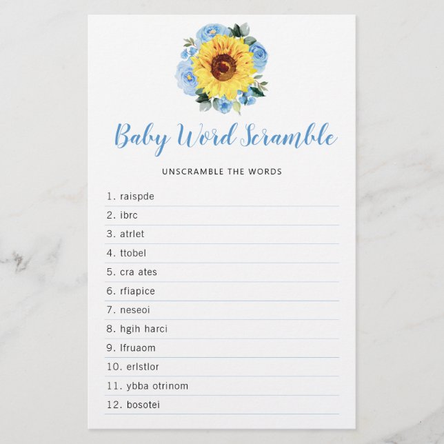 Sonnenblume Dusty Blue Floral Baby Dusche Word Spi (Vorderseite)