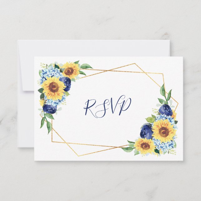 Sonnenblume Dusty Blue Geometric Navy Floral Weddi RSVP Karte (Vorderseite)