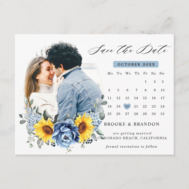 Sonnenblume Dusty Blue Peony Calendar Save the Dat Postkarte (Vorderseite)
