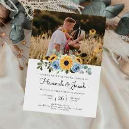 Sonnenblume Dusty Blue Rustic Foto Wedding Einladung