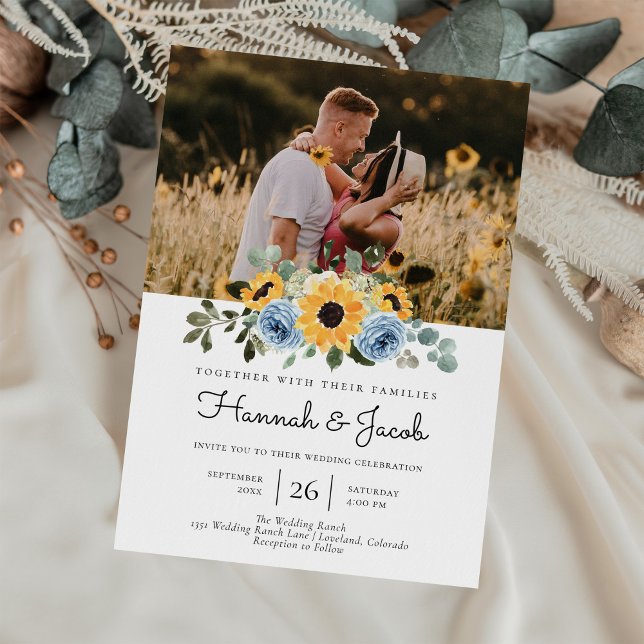 Sonnenblume Dusty Blue Rustic Foto Wedding Einladung (Von Creator hochgeladen)